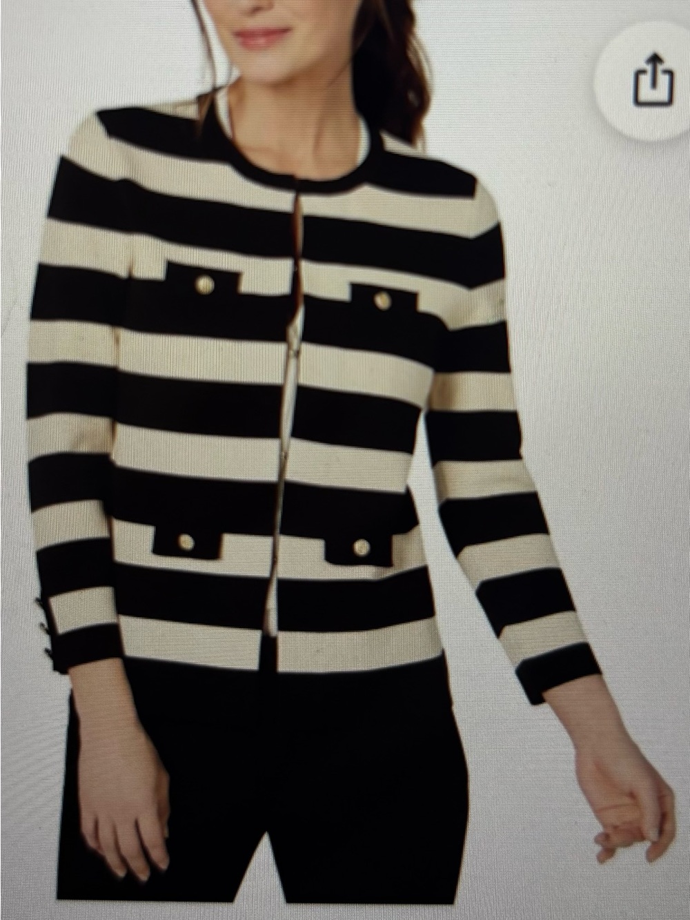 Anne Klein Large Gold Button Gold ClaspDetail Black Cream Striped Cropped Blazer